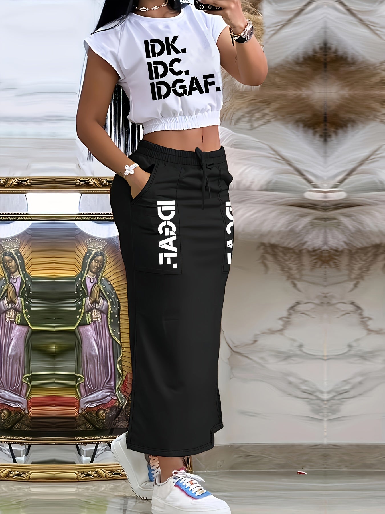 Letter Print Stylish Set, Crop Cap Sleeve Crew Neck Top & Slant Pocket Ankle Length Slit Skirt, Women's Clothing